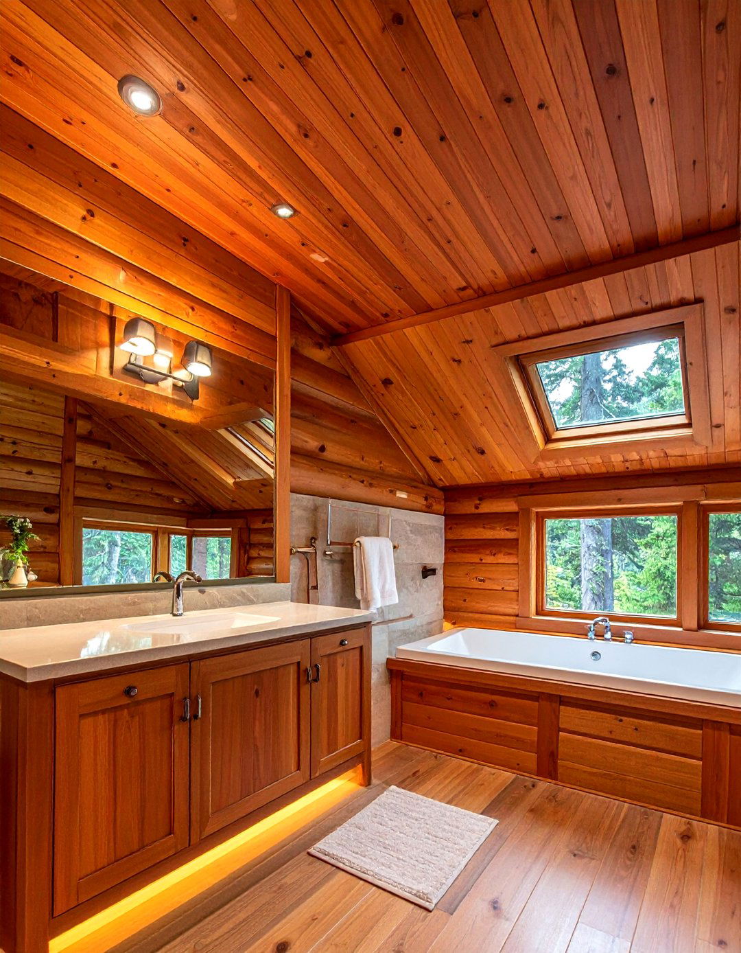 Cedar Plank Ceiling - 30 cabin bathroom ideas