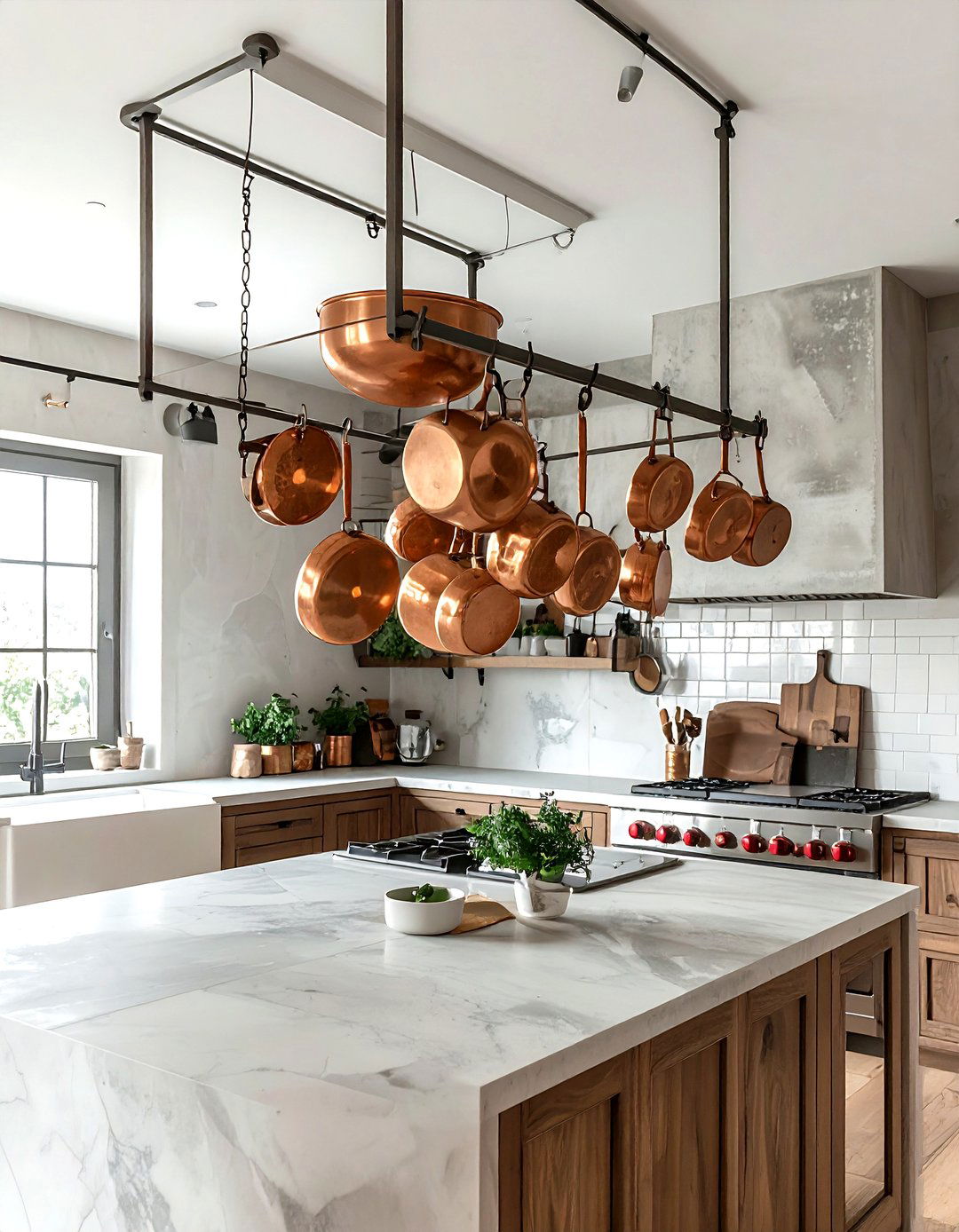 Ceiling Hanging Pot Rack - 30 commercial style kitchen ideas