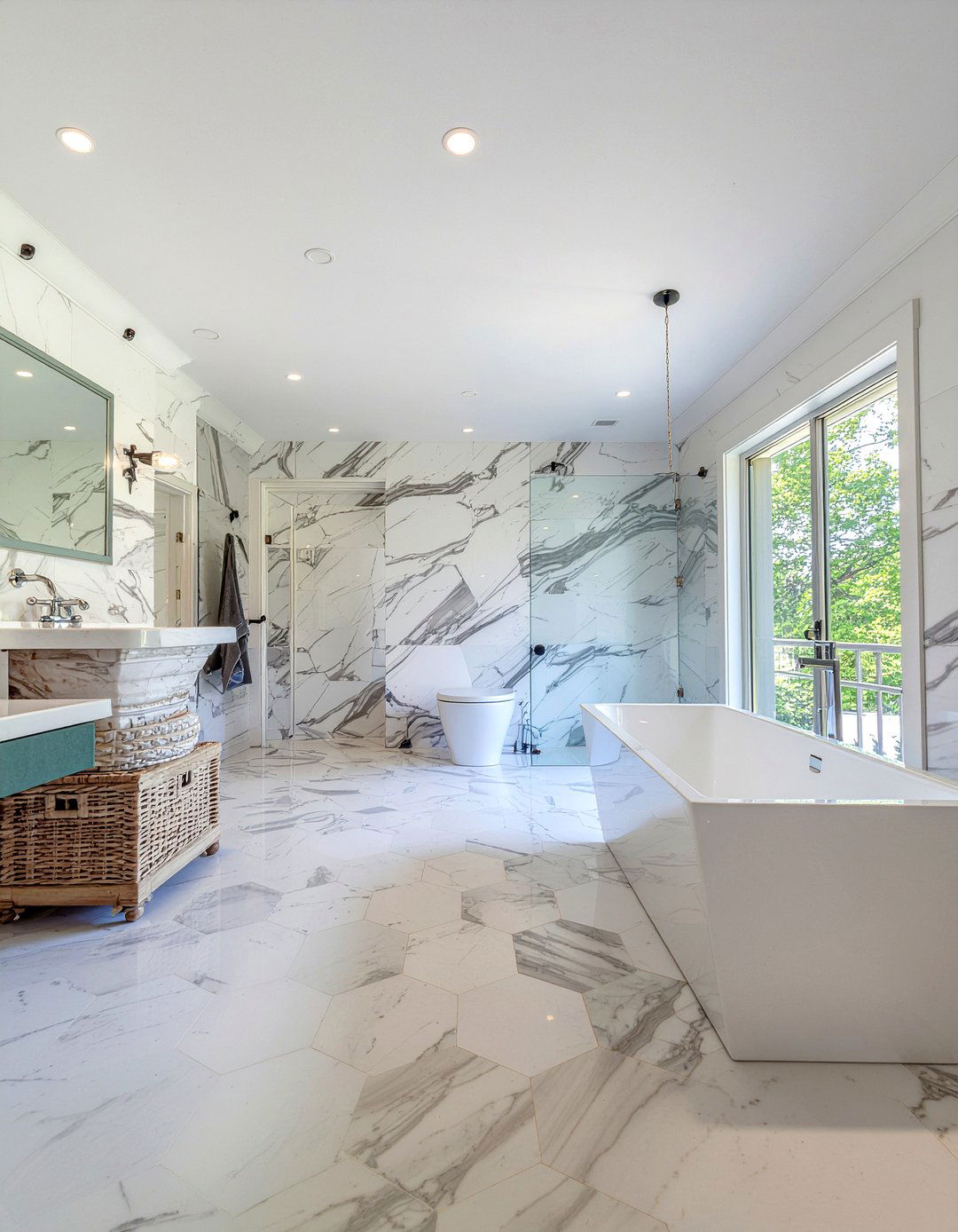 Ceiling To Floor Marble Hexagon Tile - 30 marble hexagon tile bathroom ideas