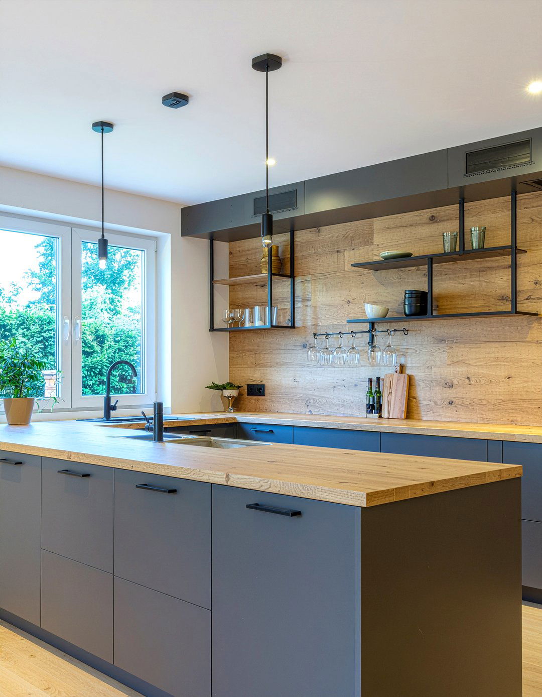 Ceiling hung shelves over kitchen island backsplash - 30 open shelf backsplash kitchen ideas