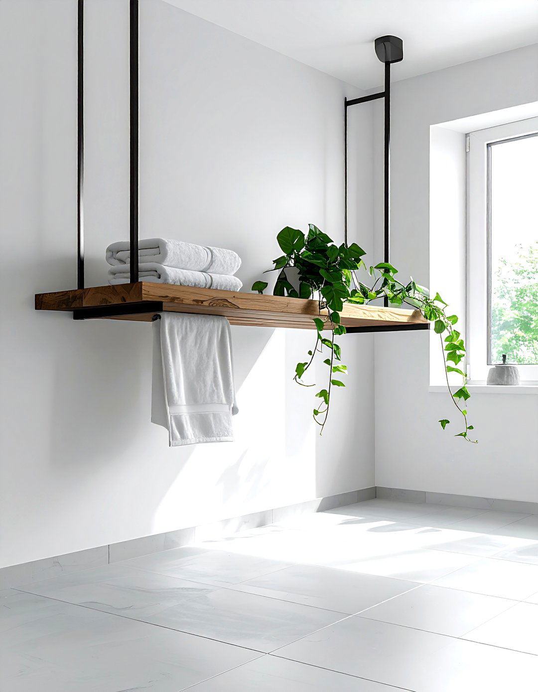 Ceiling mounted hanging shelf - 30 bathroom storage solutions