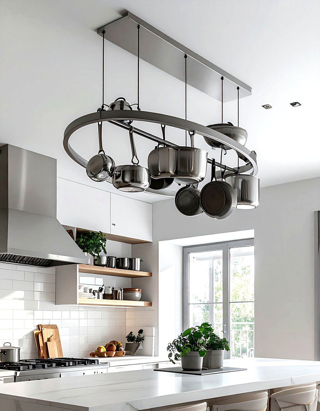 Ceiling mounted pot rack - 30 kitchen creative storage ideas
