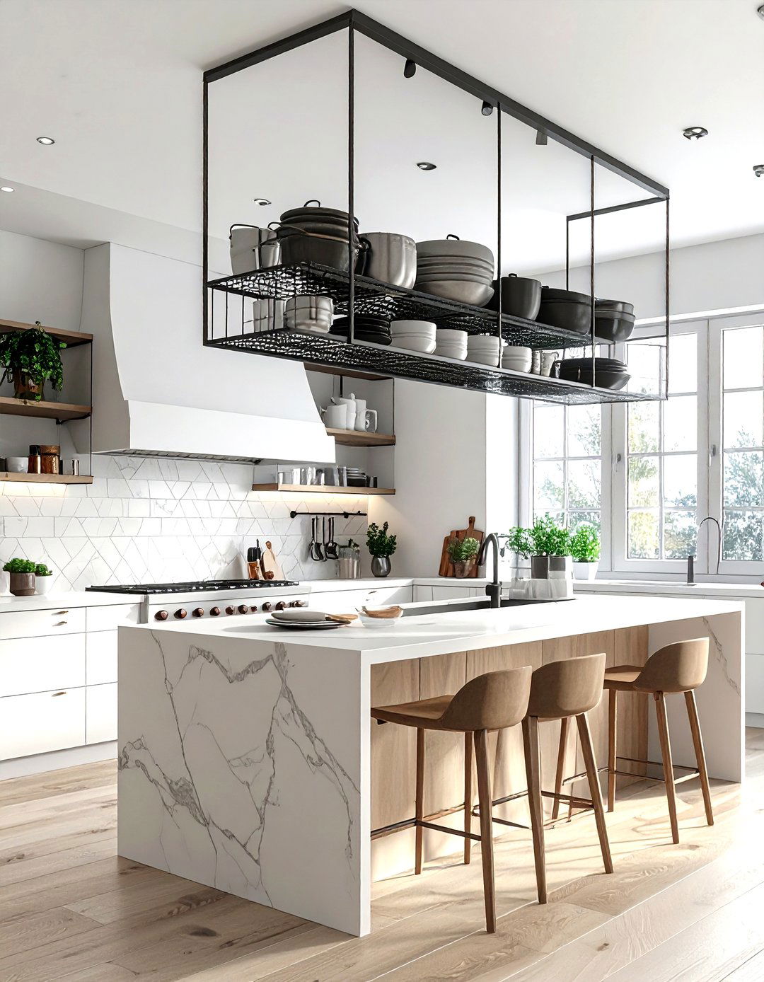 Ceiling mounted storage rack - 30 kitchen space saving ideas