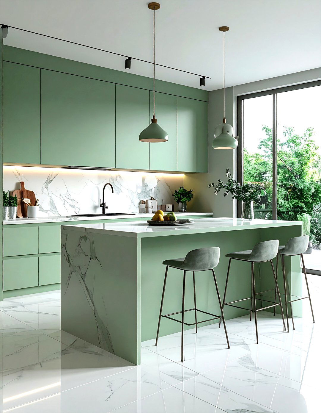 Celadon green kitchen island white stone floor - 30 green and white kitchen ideas
