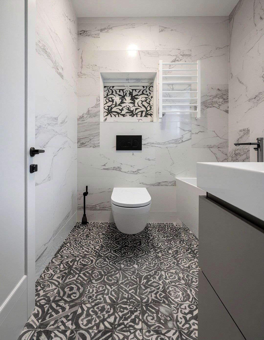 Cement and marble tile - 30 mixed tile bathroom ideas