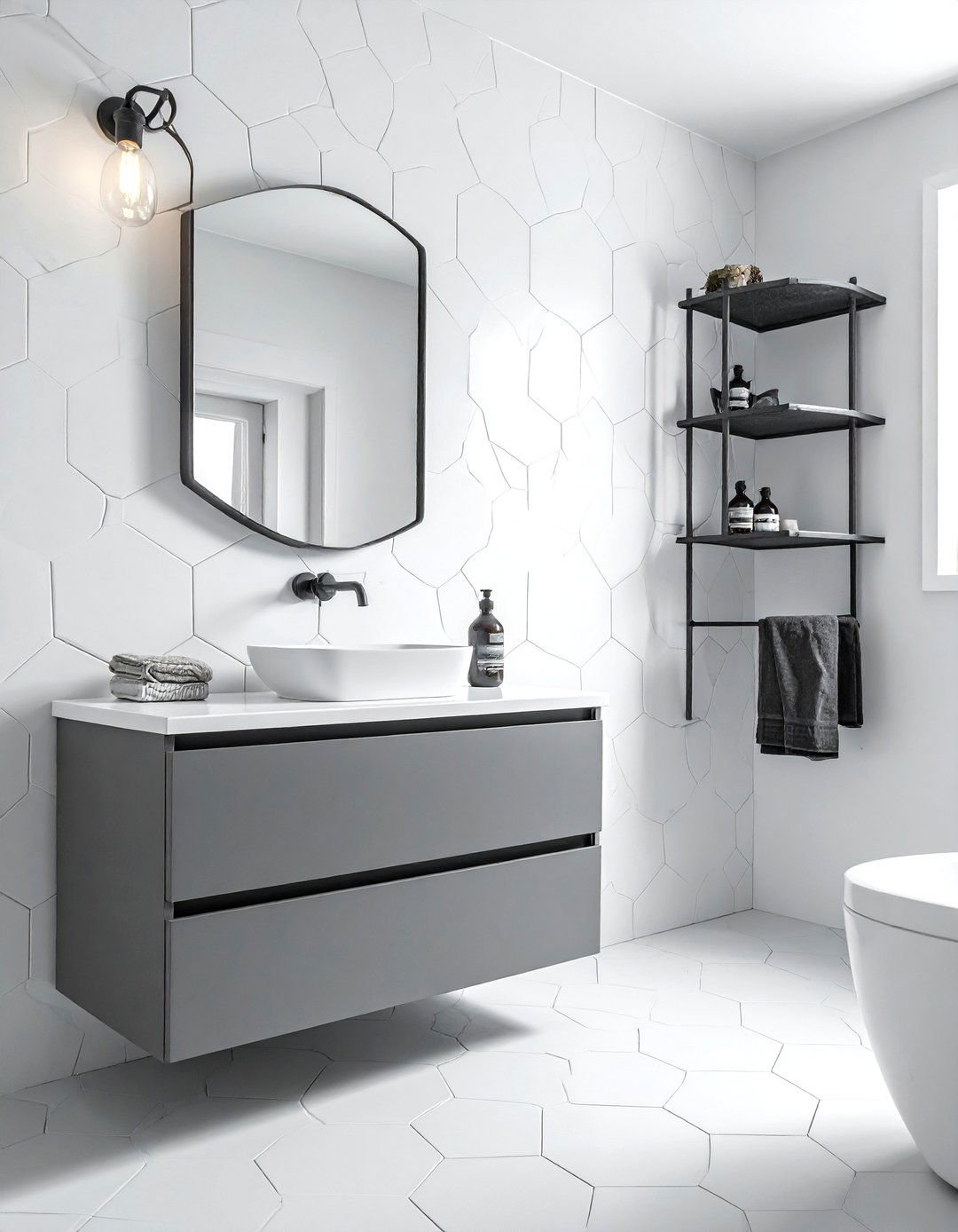 Cement look white hexagon tile - 30 white hexagon tile bathroom ideas