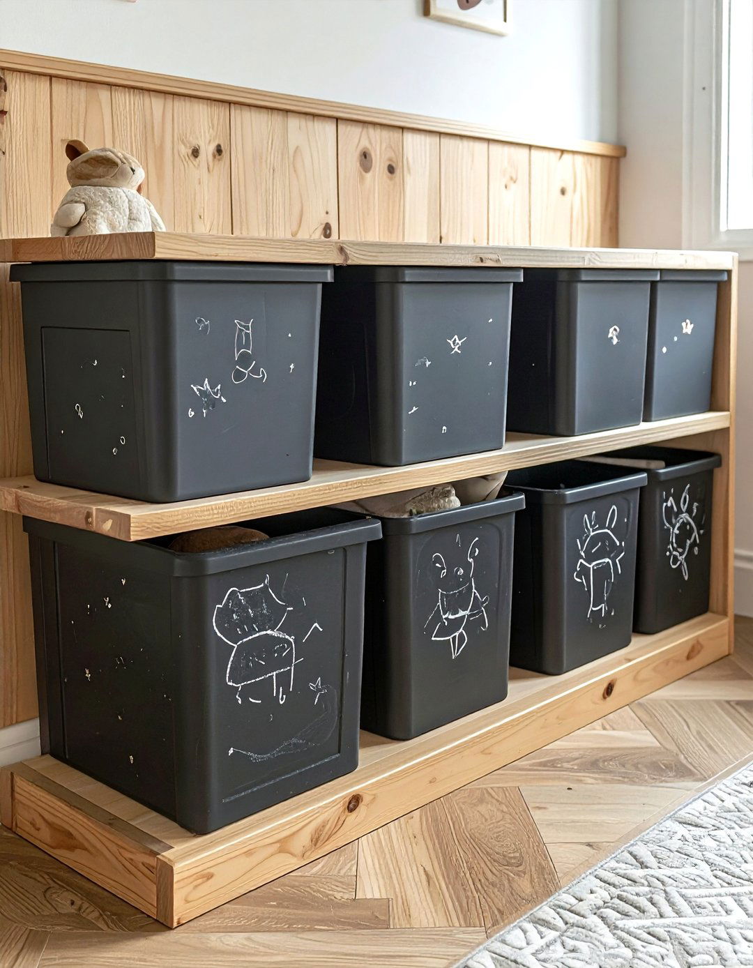 Chalkboard storage bins - 30 playroom storage ideas