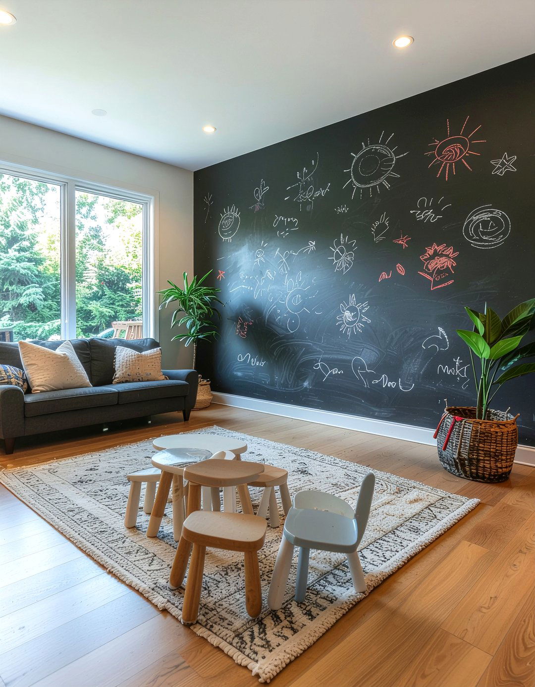 Chalkboard wall in family room - 30 kid friendly living room ideas