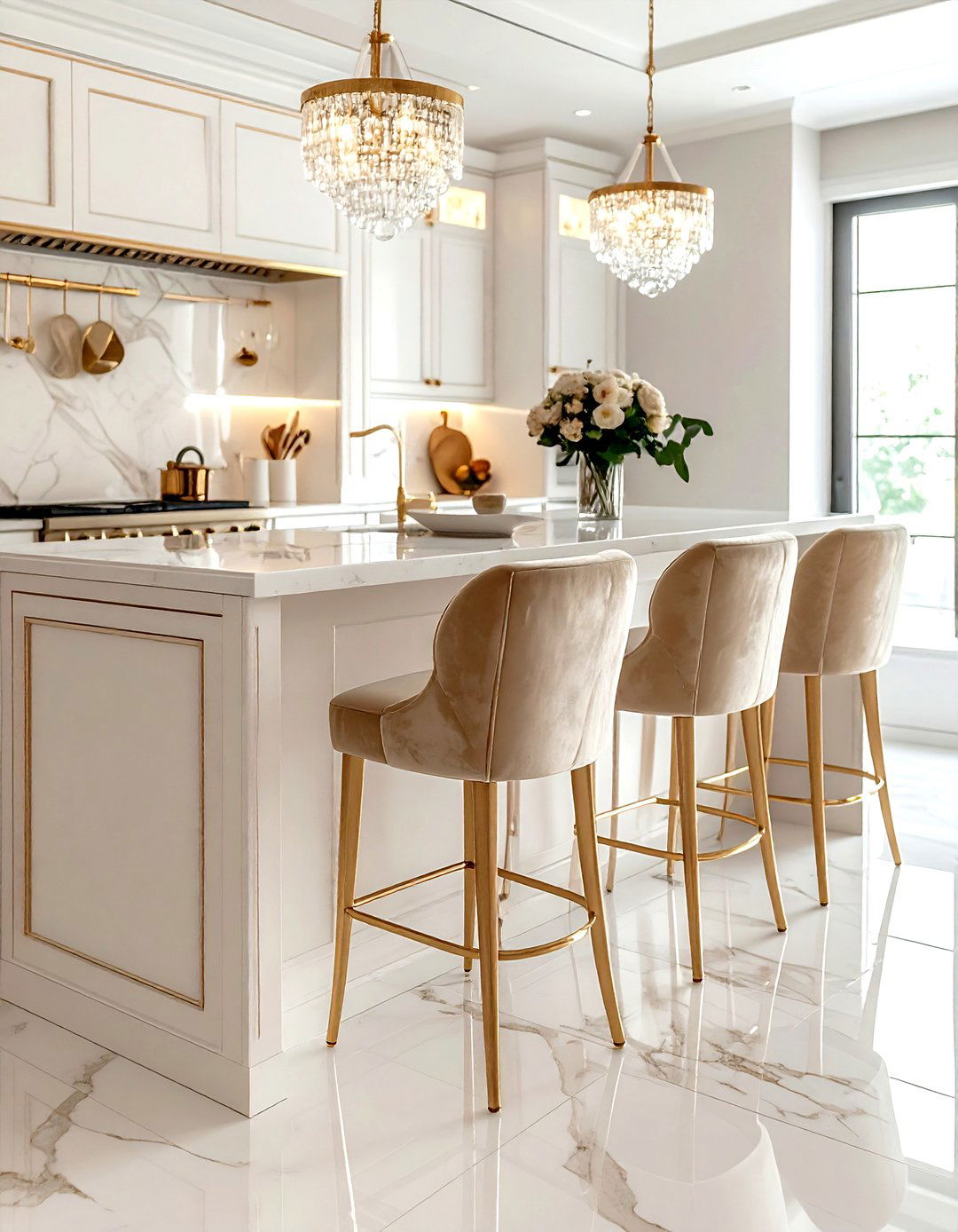 Champagne velvet bar stools for glam kitchen - 30 velvet kitchen ideas