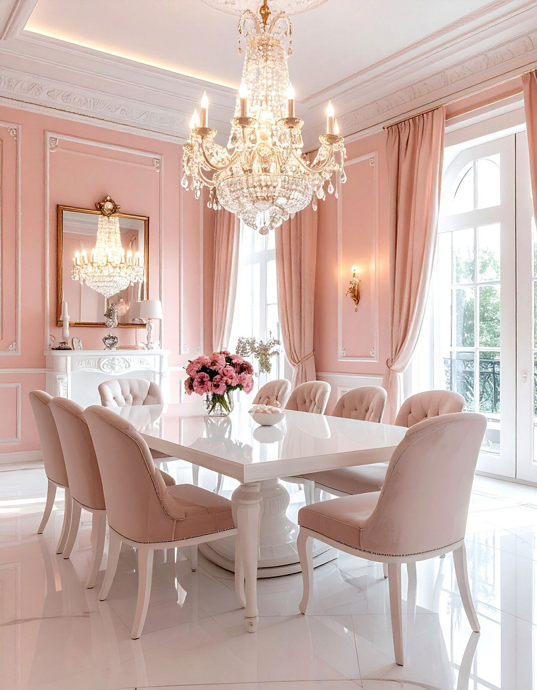 Chandelier blush white dining room - 30 blush and white dining room ideas
