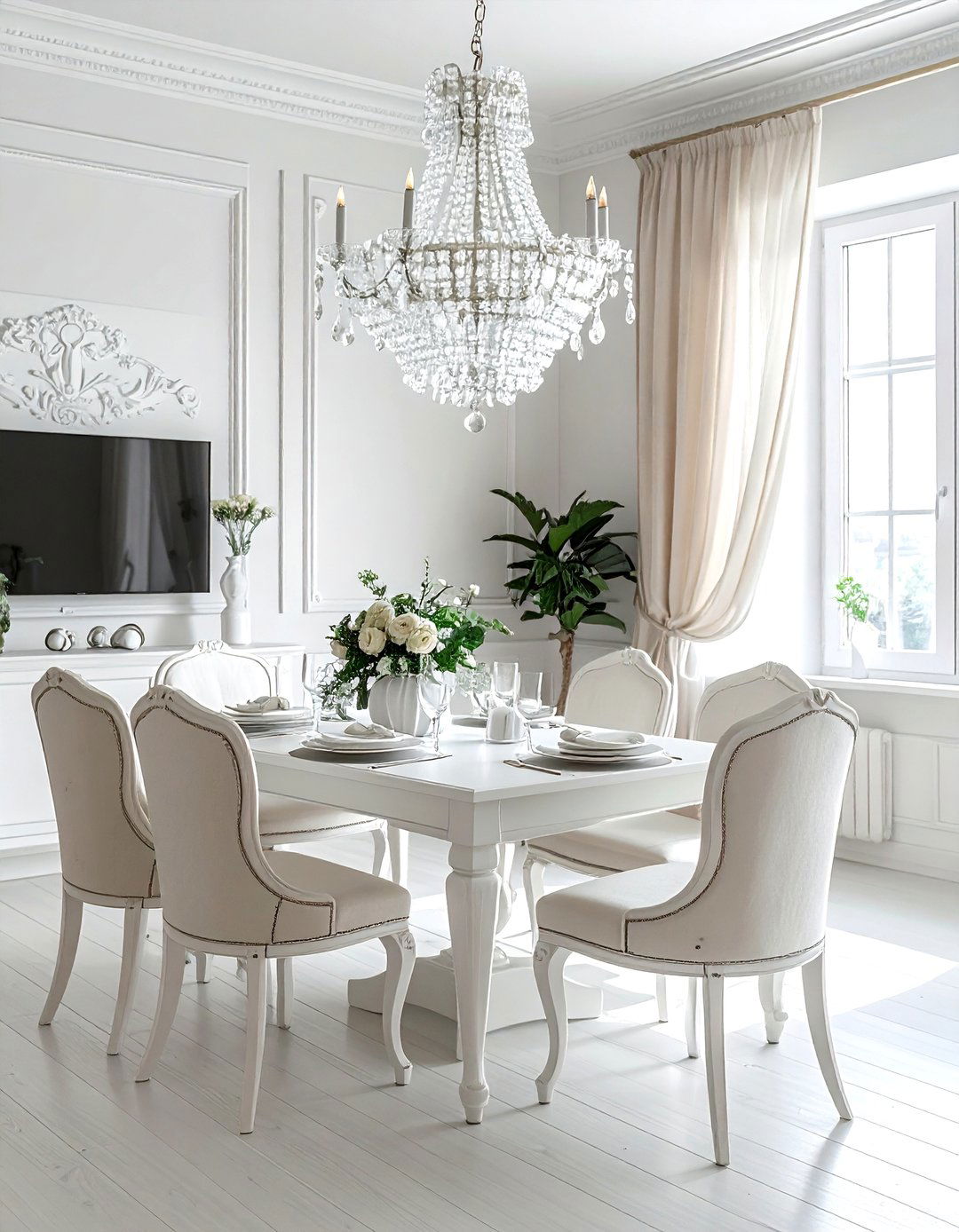 Chandelier cream and white dining room - 30 cream and white dining room ideas