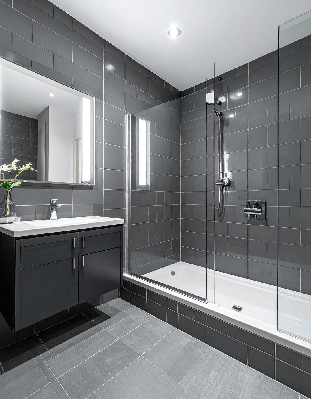 Charcoal Beveled Subway Tile Shower - 30 beveled subway tile bathroom ideas