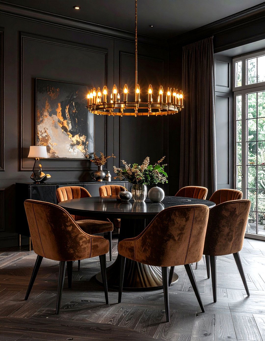 Charcoal Dining Room With Brass Chandelier - 30 dark charcoal dining room ideas