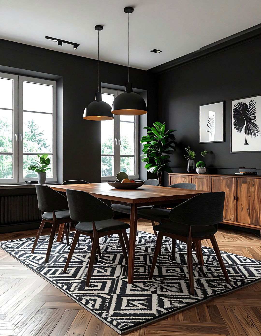 Charcoal Dining Room With Patterned Rug - 30 dark charcoal dining room ideas