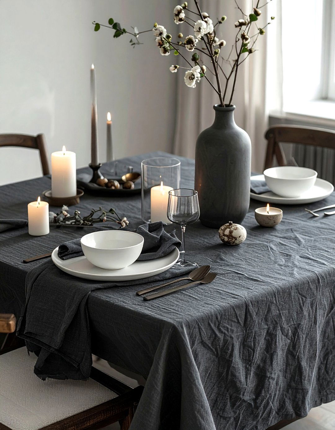 Charcoal Linen Table Setting - 30 linen dining room ideas