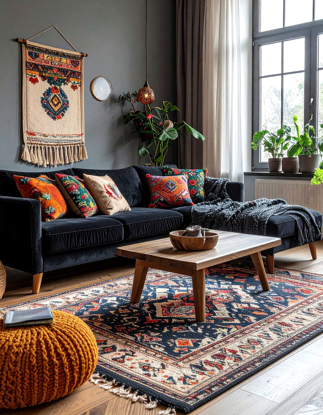 Charcoal Velvet Sofa - 30 bohemian black living room ideas