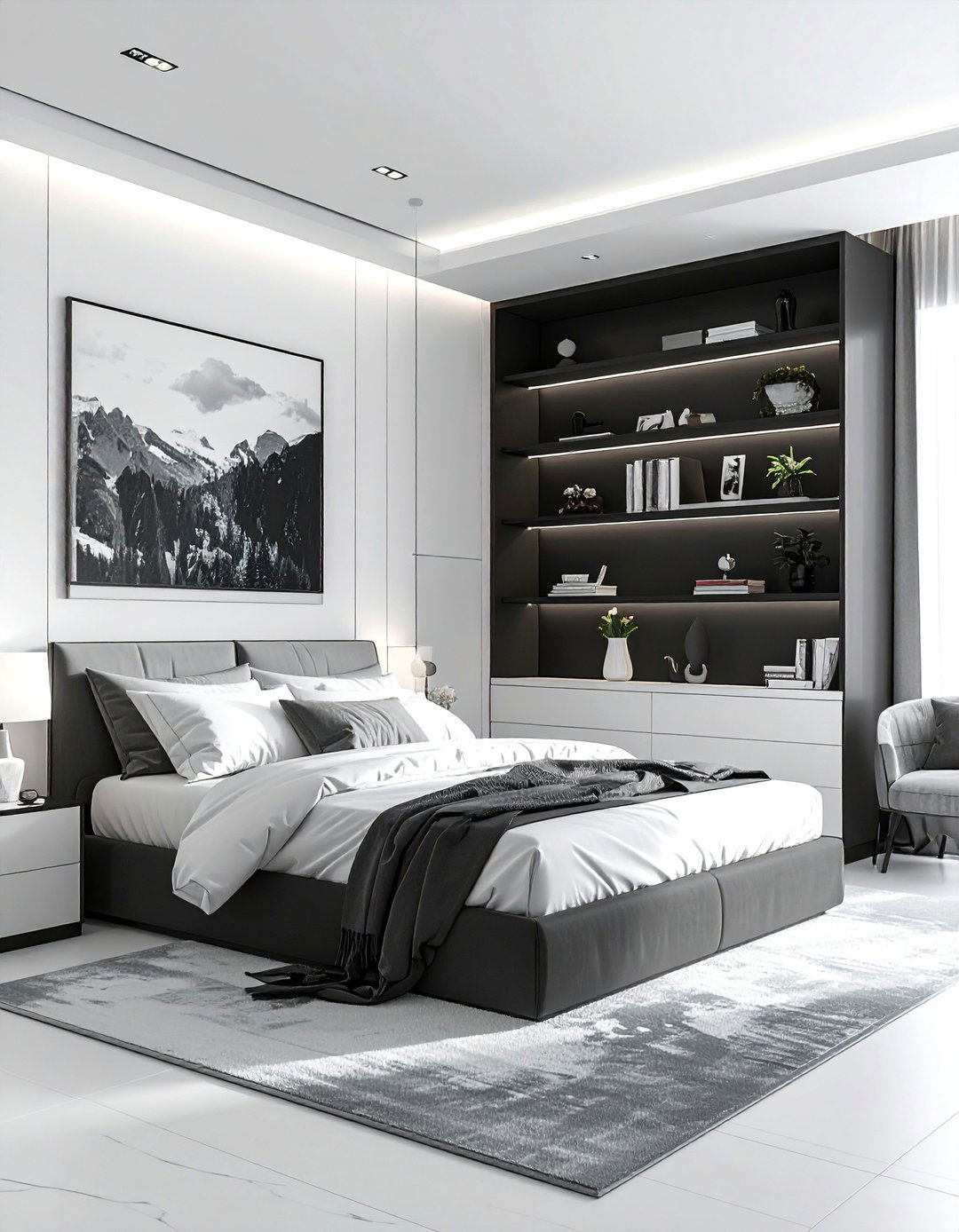 Charcoal White Bedroom With Built In Shelving - 30 charcoal and white bedroom ideas