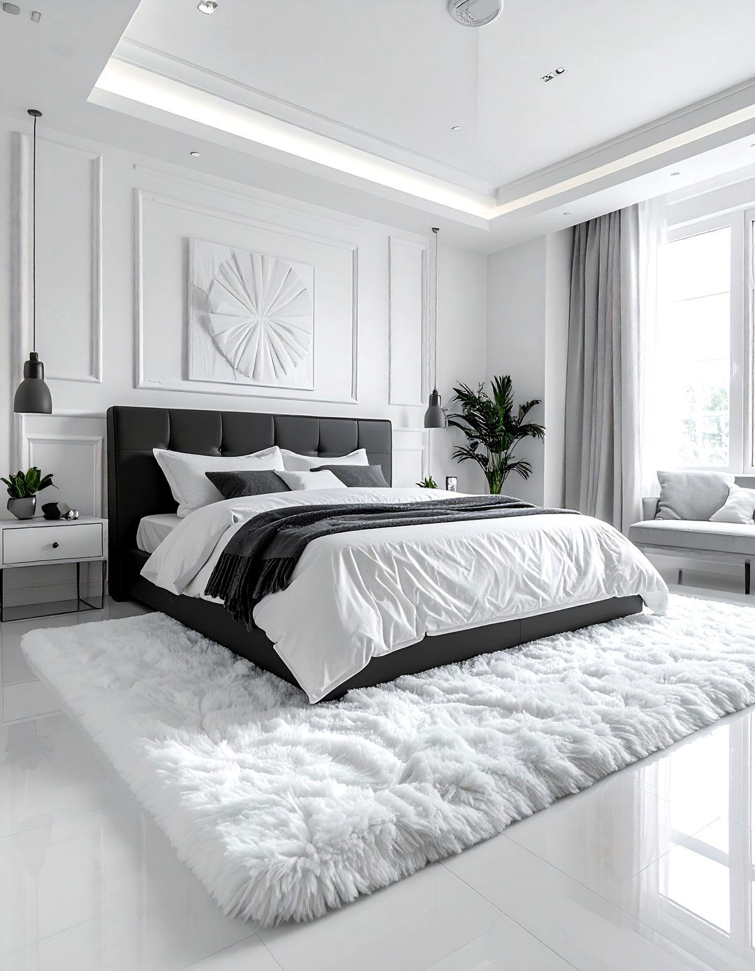 Charcoal White Bedroom With Plush Rug - 30 charcoal and white bedroom ideas