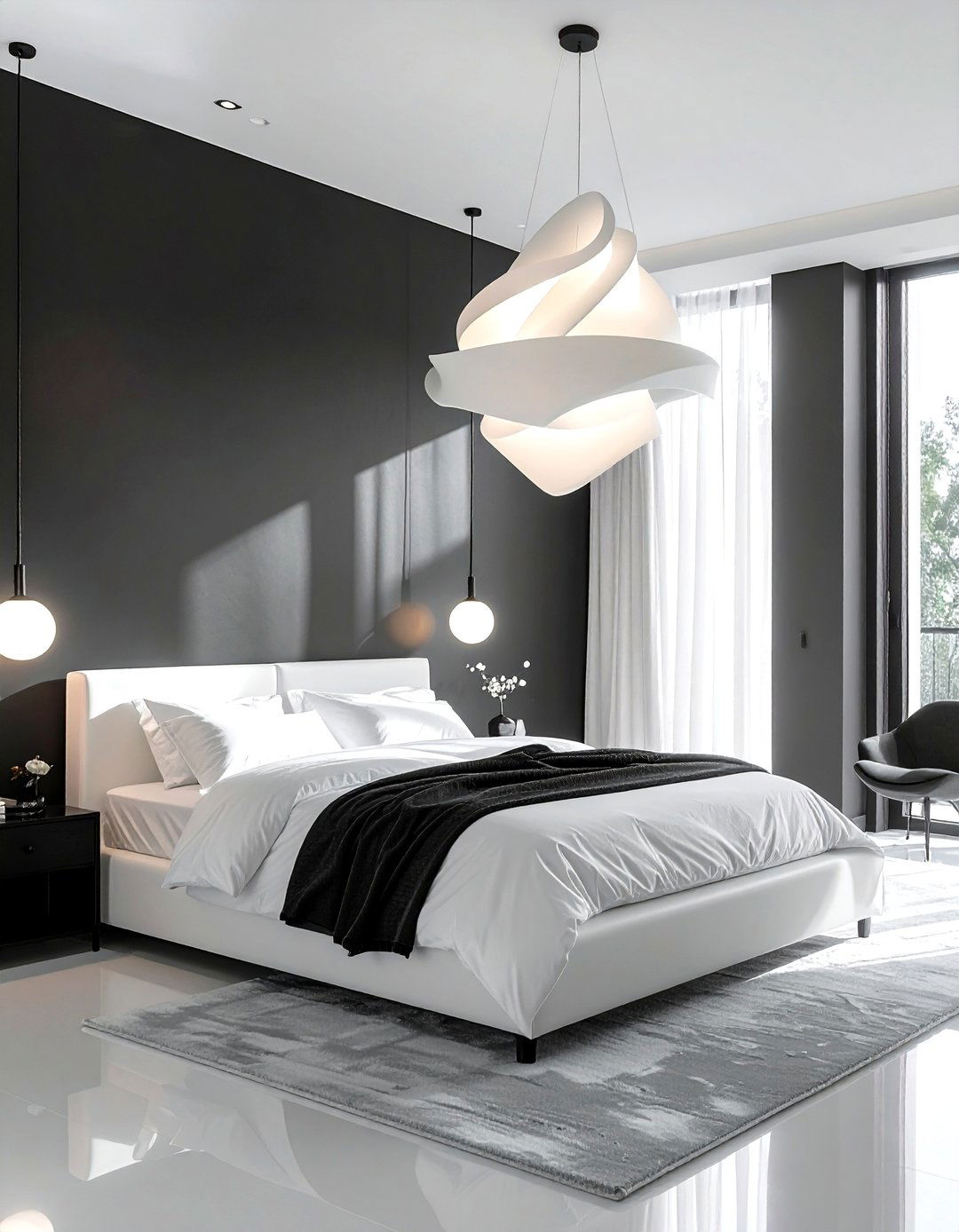 Charcoal White Bedroom With Statement Lighting - 30 charcoal and white bedroom ideas