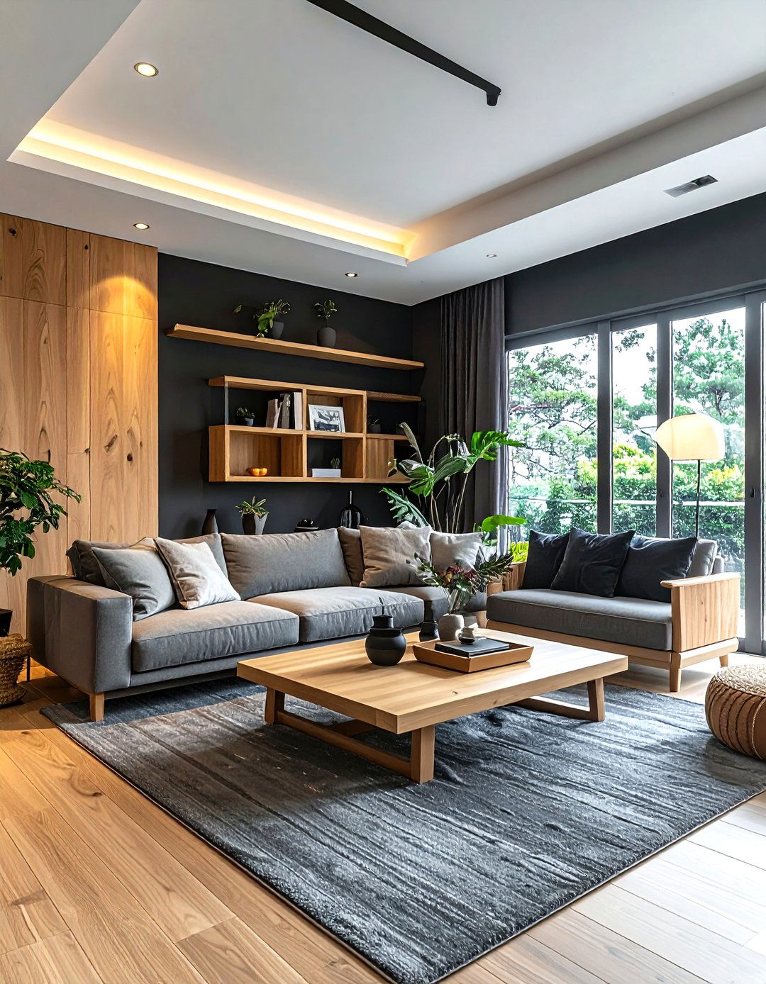 Charcoal and Light Wood Living Room - 30 charcoal living room color schemes