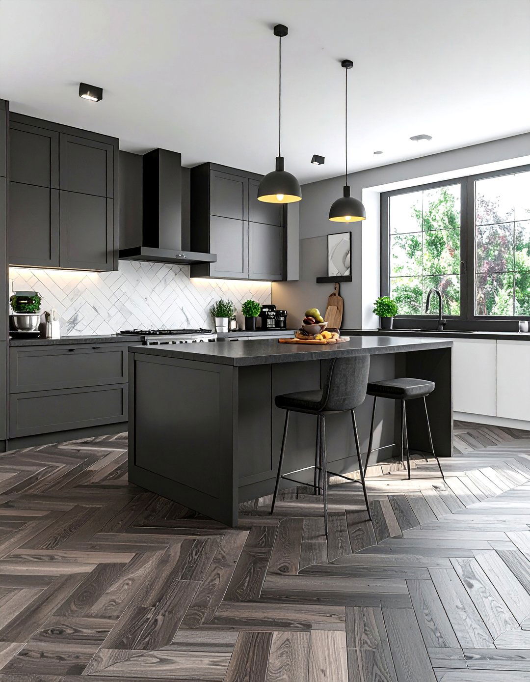 Charcoal and white kitchen herringbone floor - 30 charcoal and white kitchen ideas