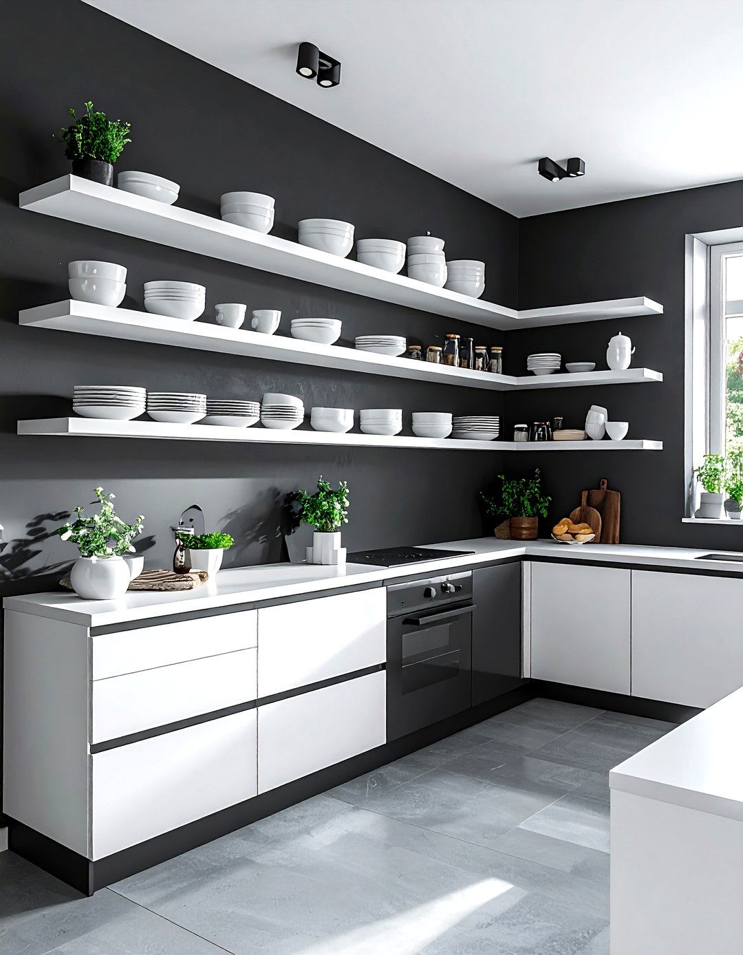 Charcoal and white kitchen open shelving - 30 charcoal and white kitchen ideas