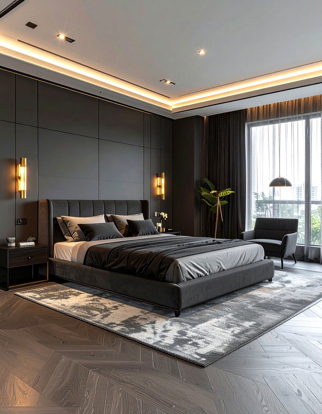 Charcoal bedroom brass lighting - 30 dark charcoal bedroom ideas