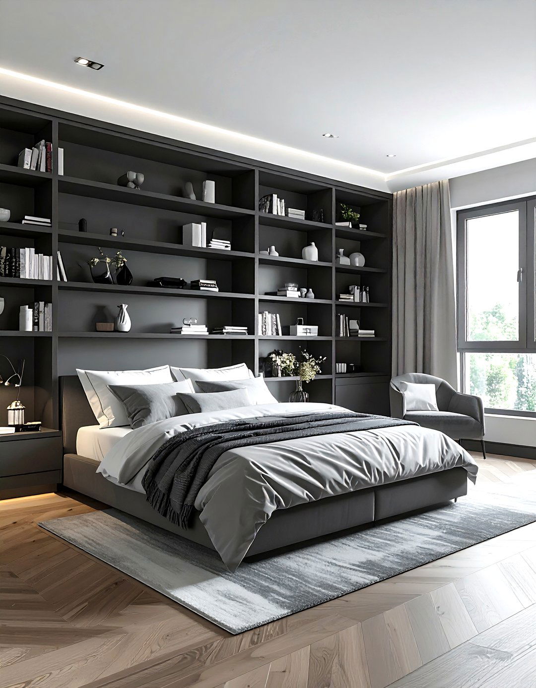 Charcoal bedroom built in shelves - 30 dark charcoal bedroom ideas