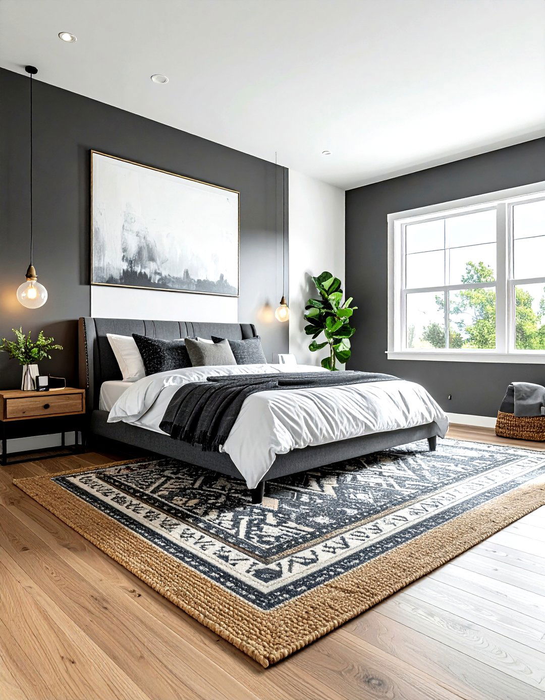 Charcoal bedroom layered rugs - 30 dark charcoal bedroom ideas