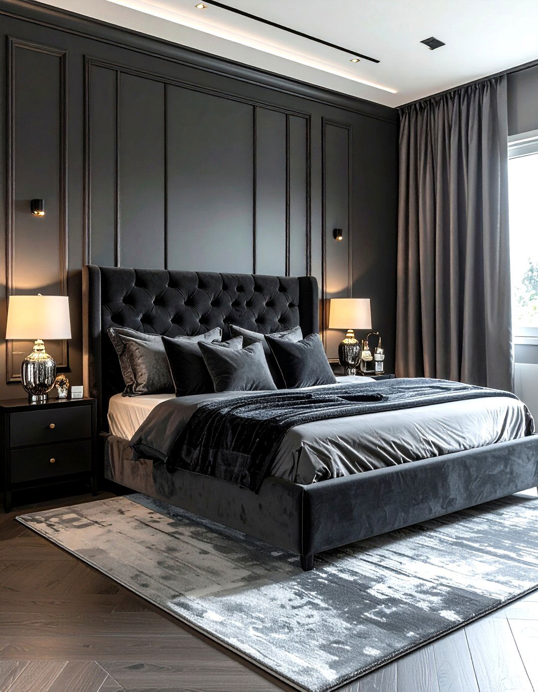 Charcoal bedroom velvet headboard - 30 dark charcoal bedroom ideas