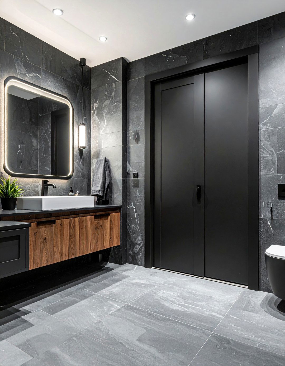 Charcoal black pocket door - 30 bathroom pocket door ideas