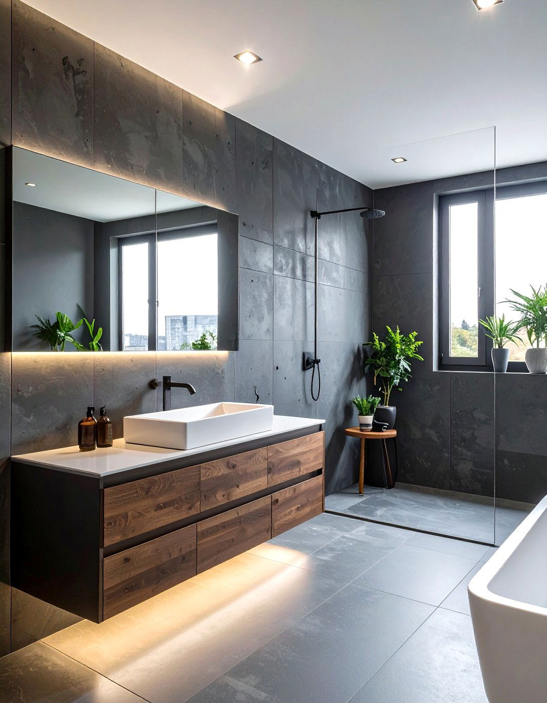 Charcoal concrete bathroom walls