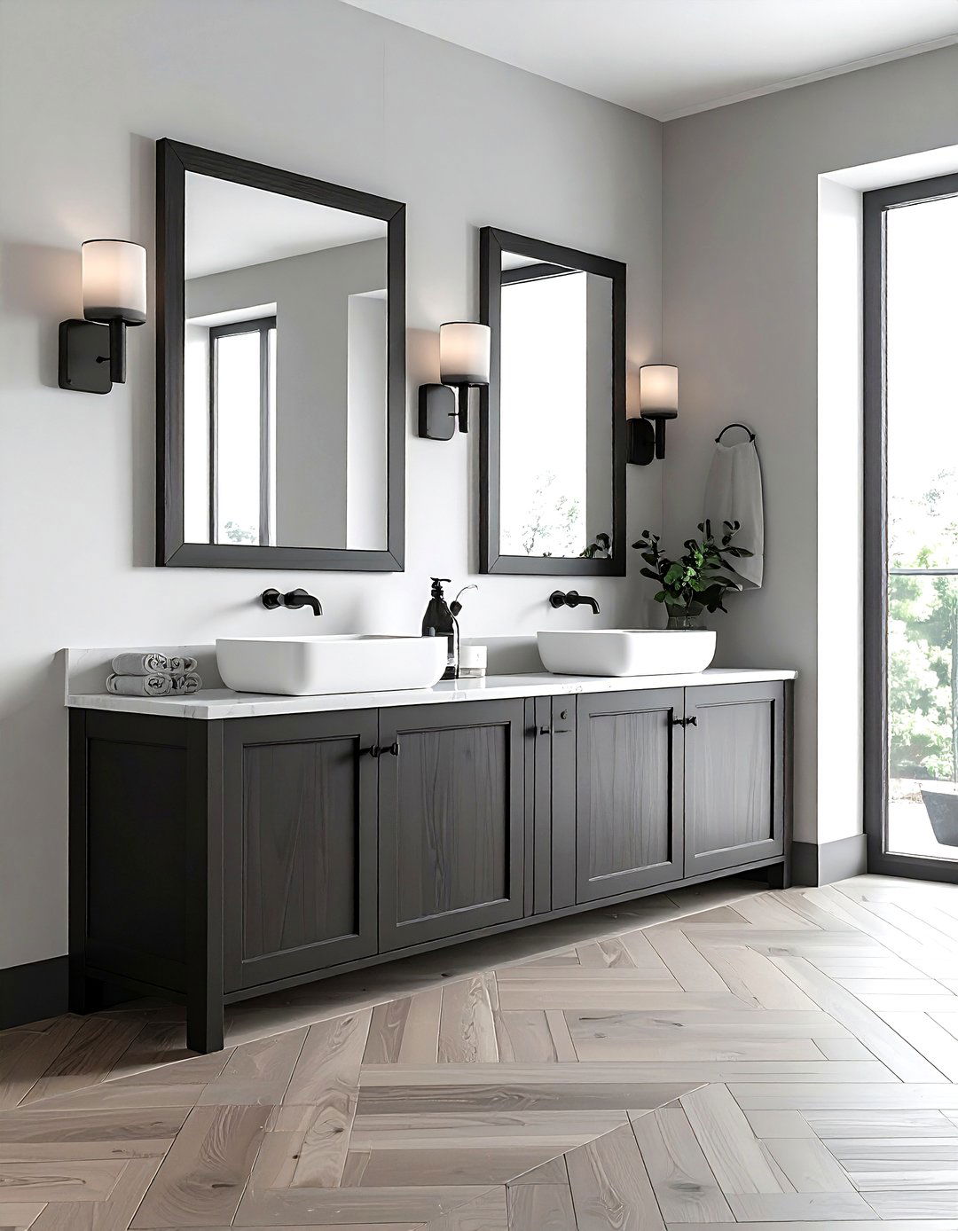 Charcoal double vanity white sinks - 30 charcoal and white bathroom ideas
