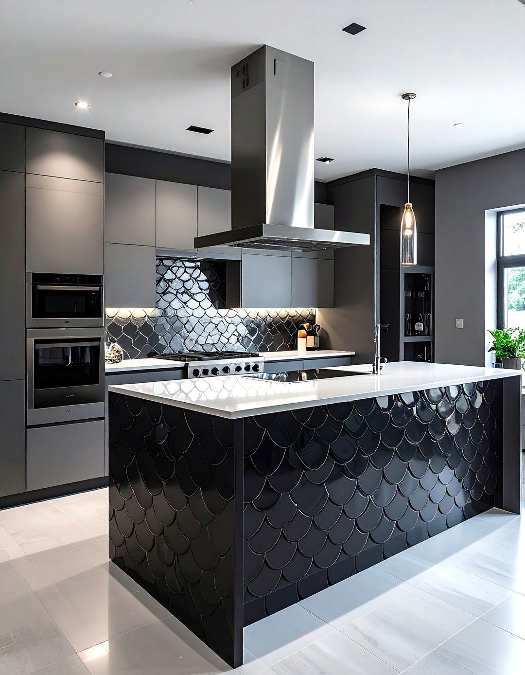 Charcoal fish scale tile backsplash - 30 fish scale tile kitchen backsplash ideas