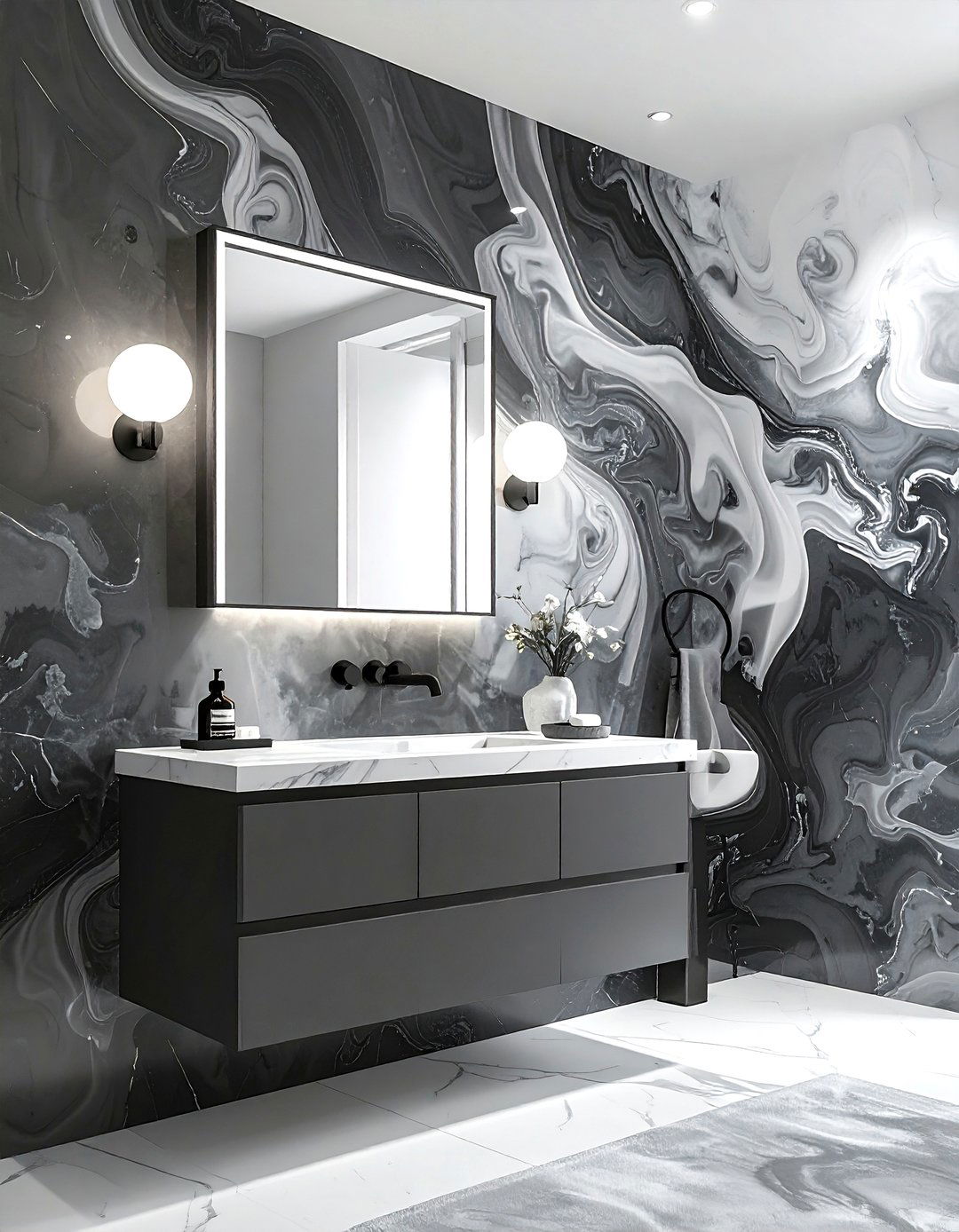 Charcoal gray abstract wallpaper - 30 powder room wallpaper ideas