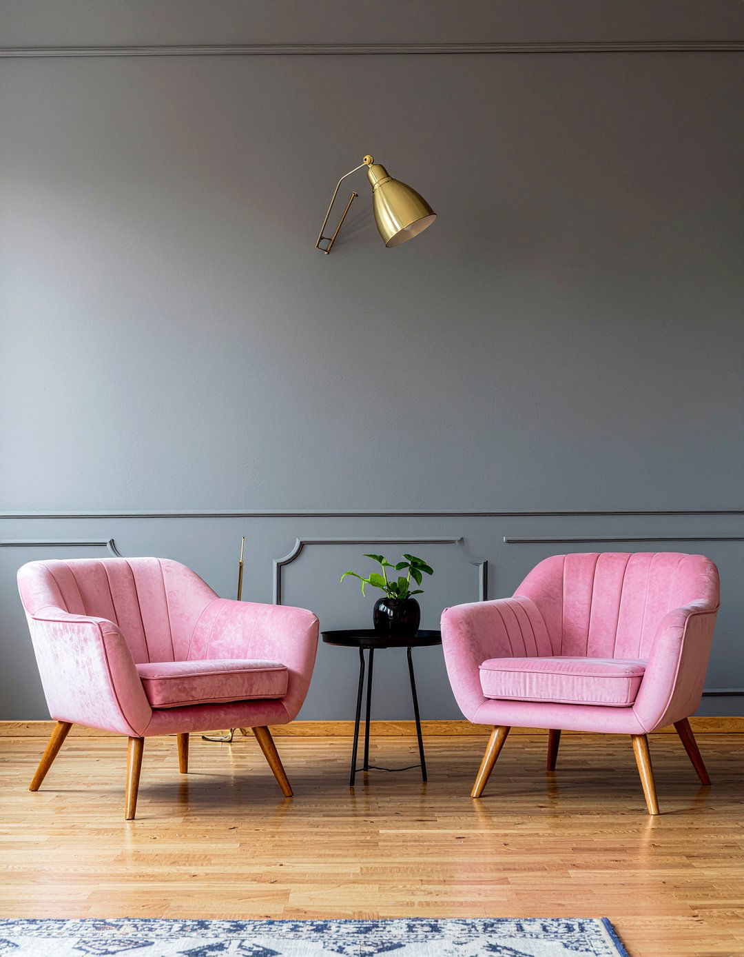 Charcoal gray accent wall pink chairs - 30 pink and gray living room ideas