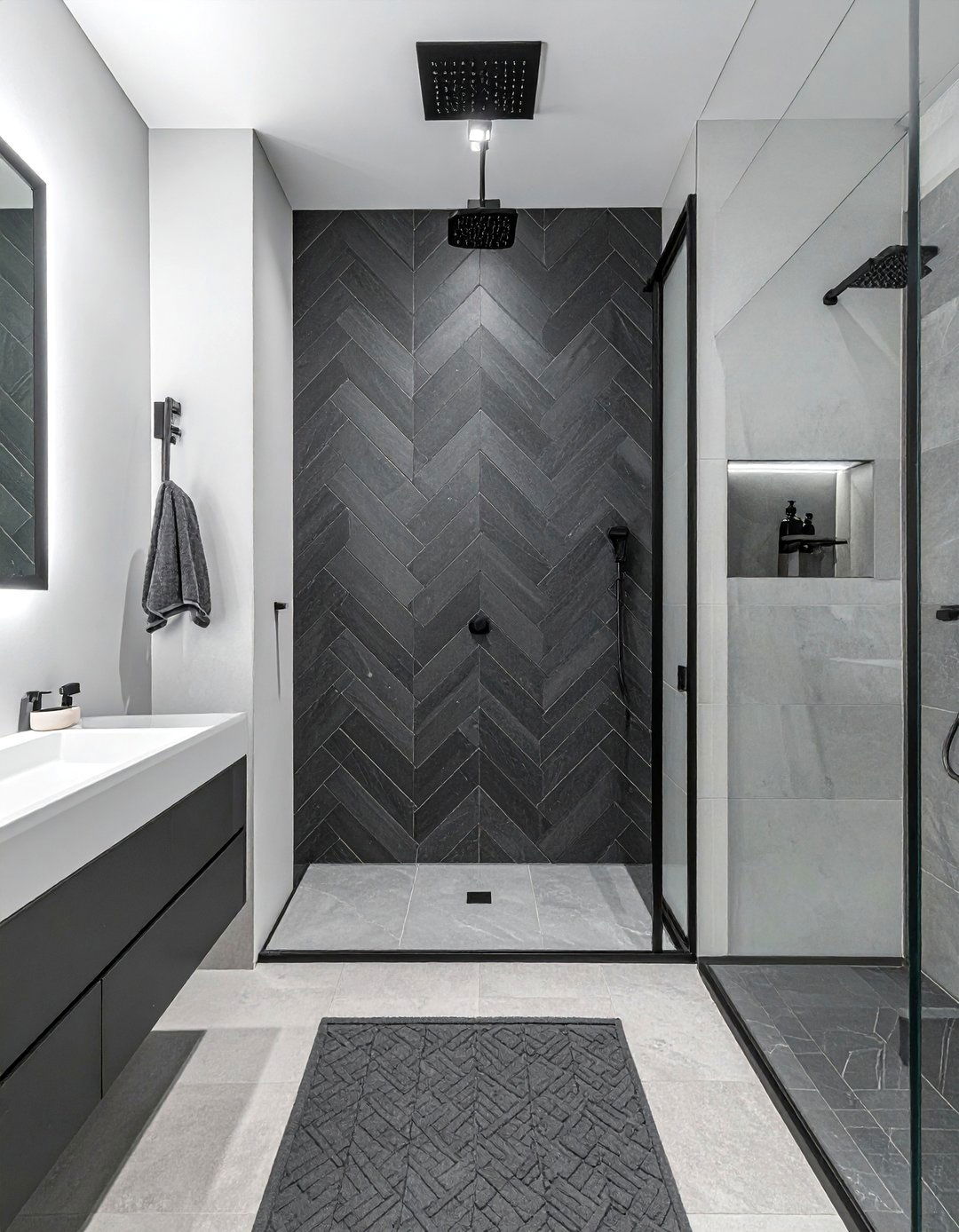 Charcoal gray chevron shower wall - 30 chevron pattern bathroom ideas