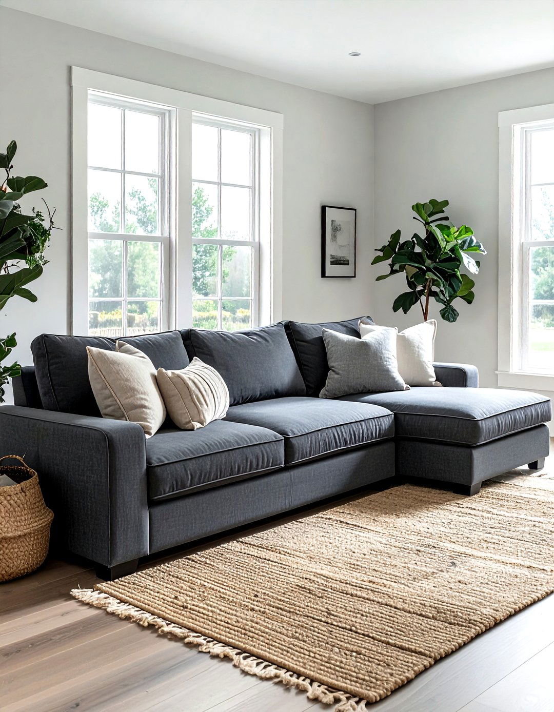 Charcoal gray farmhouse sofa - 30 farmhouse black living room ideas