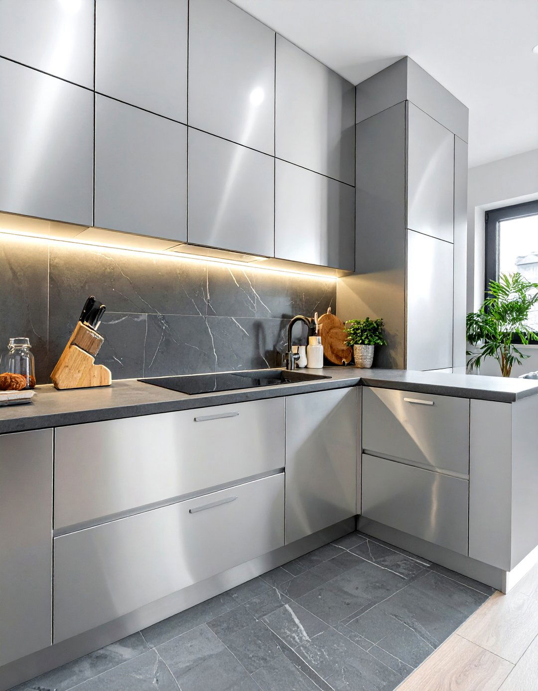 Charcoal gray porcelain slab - 30 porcelain tile kitchen backsplash ideas