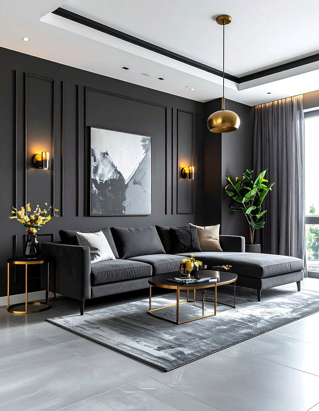 Charcoal grey accent wall - 30 industrial grey living room ideas