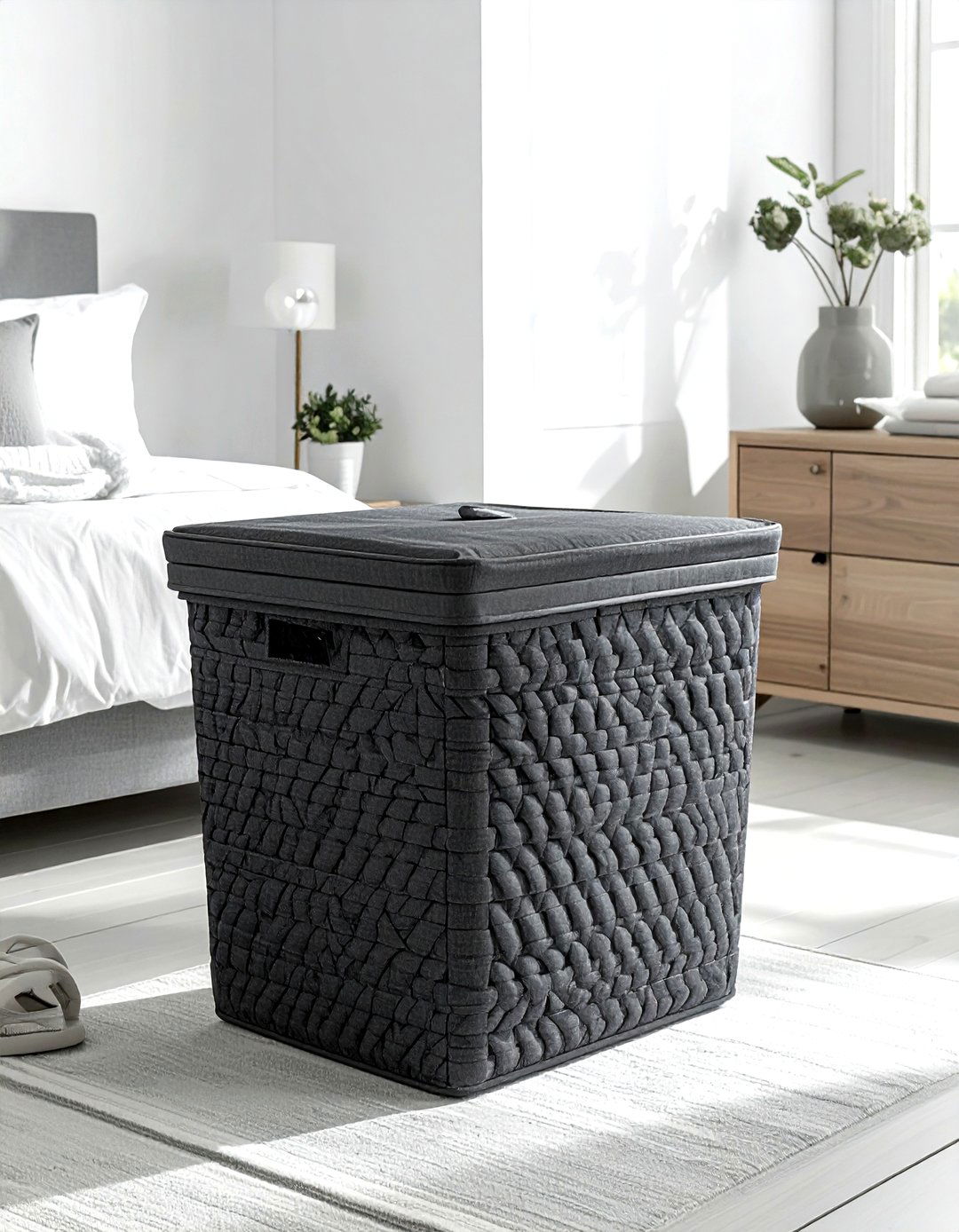 Charcoal grey laundry hamper - 30 grey bedroom accessories ideas