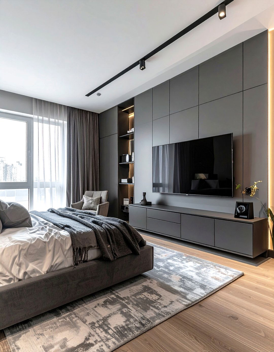 Charcoal grey media console - 30 grey bedroom furniture ideas