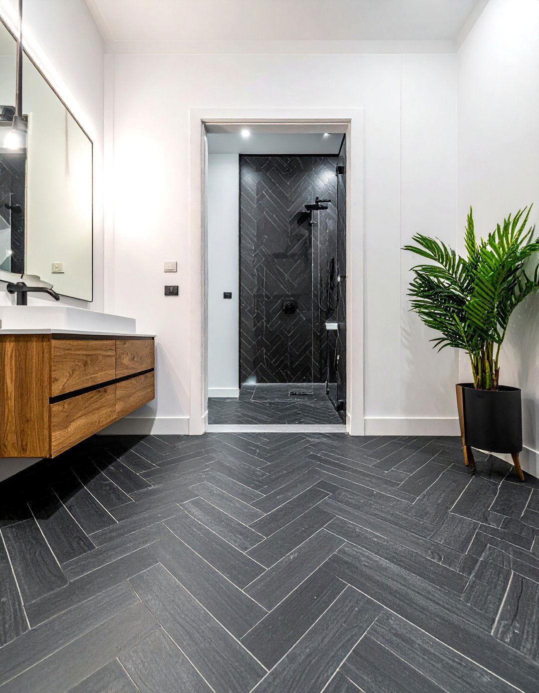 Charcoal herringbone tile floor - 30 charcoal bathroom ideas