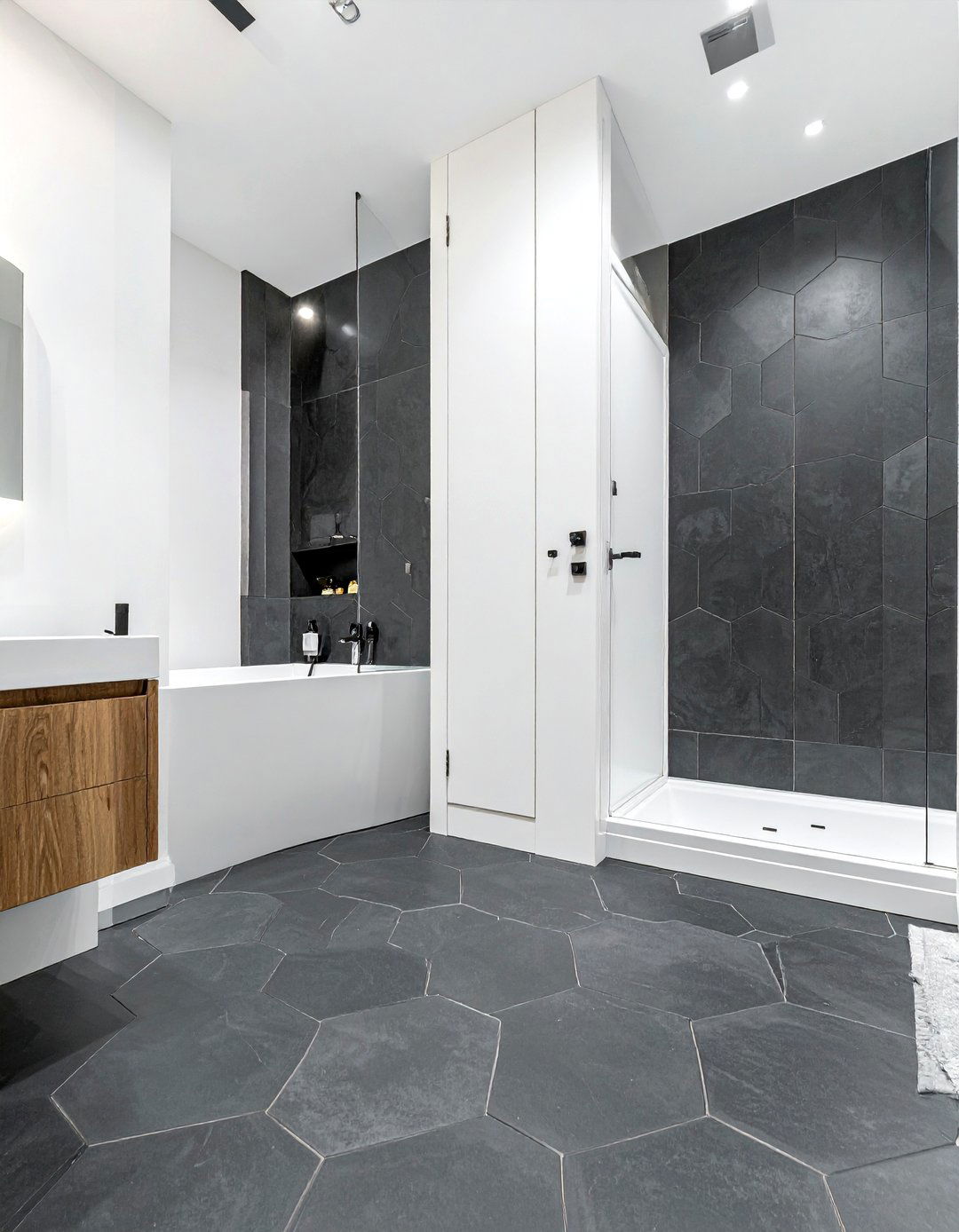 Charcoal hexagon floor tile - 30 charcoal bathroom ideas