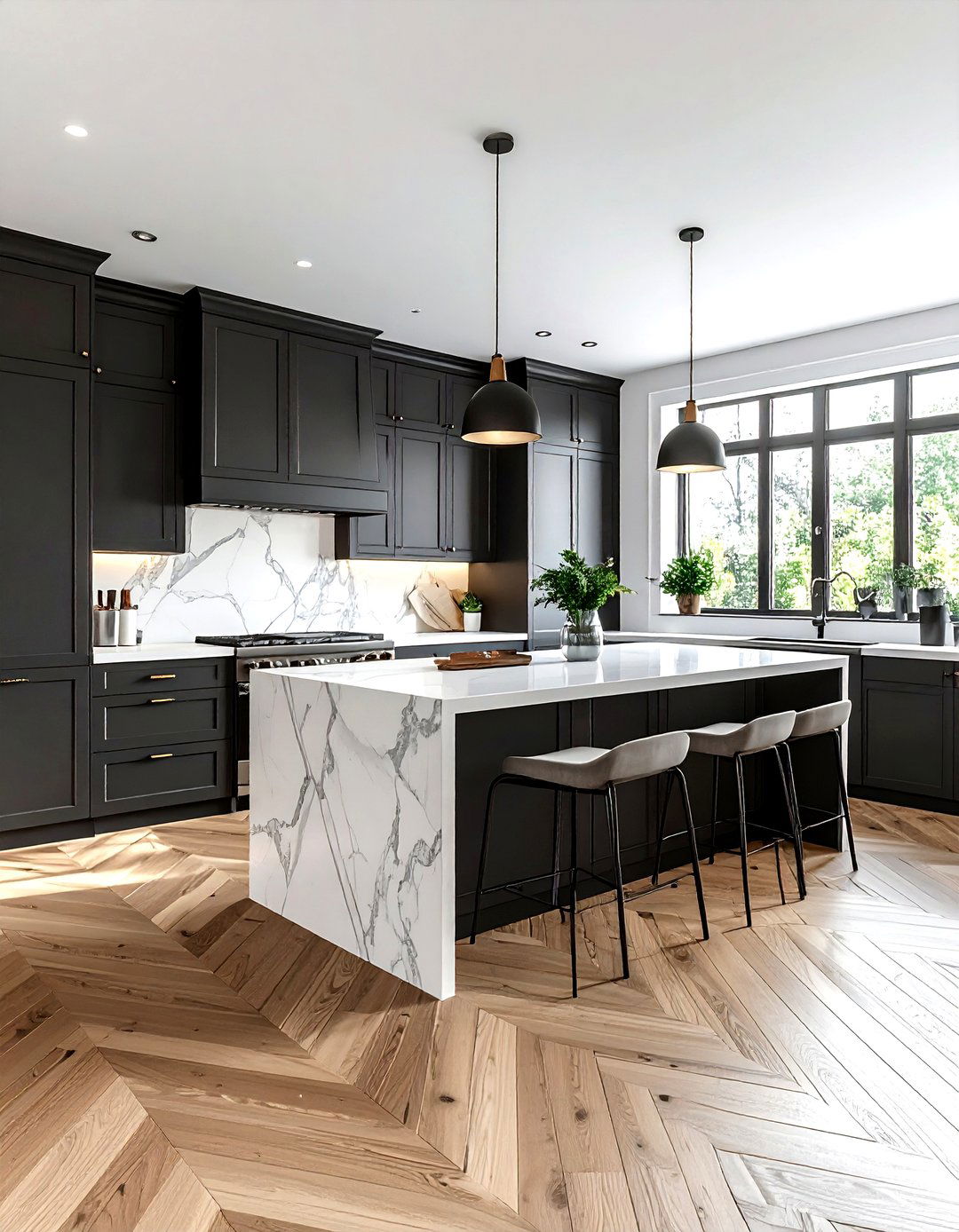 Charcoal kitchen with herringbone flooring - 30 dark charcoal kitchen ideas