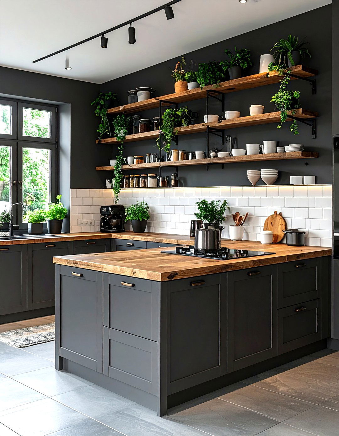 Charcoal kitchen with open shelving - 30 dark charcoal kitchen ideas
