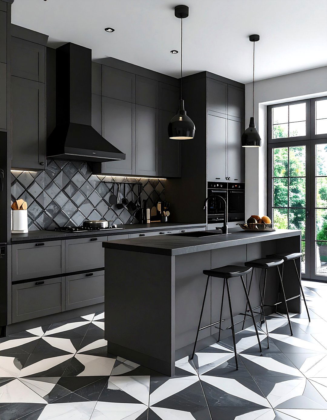 Charcoal kitchen with patterned floor tiles - 30 dark charcoal kitchen ideas
