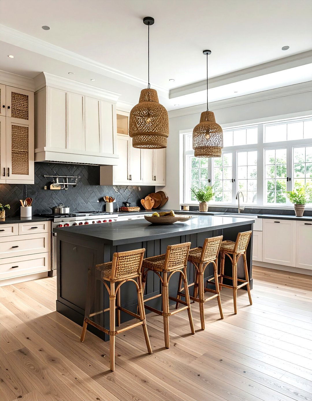 Charcoal kitchen with rattan details - 30 charcoal kitchen color schemes