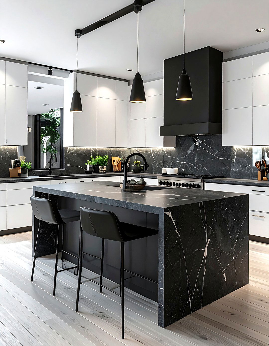 Charcoal kitchen with waterfall island - 30 dark charcoal kitchen ideas