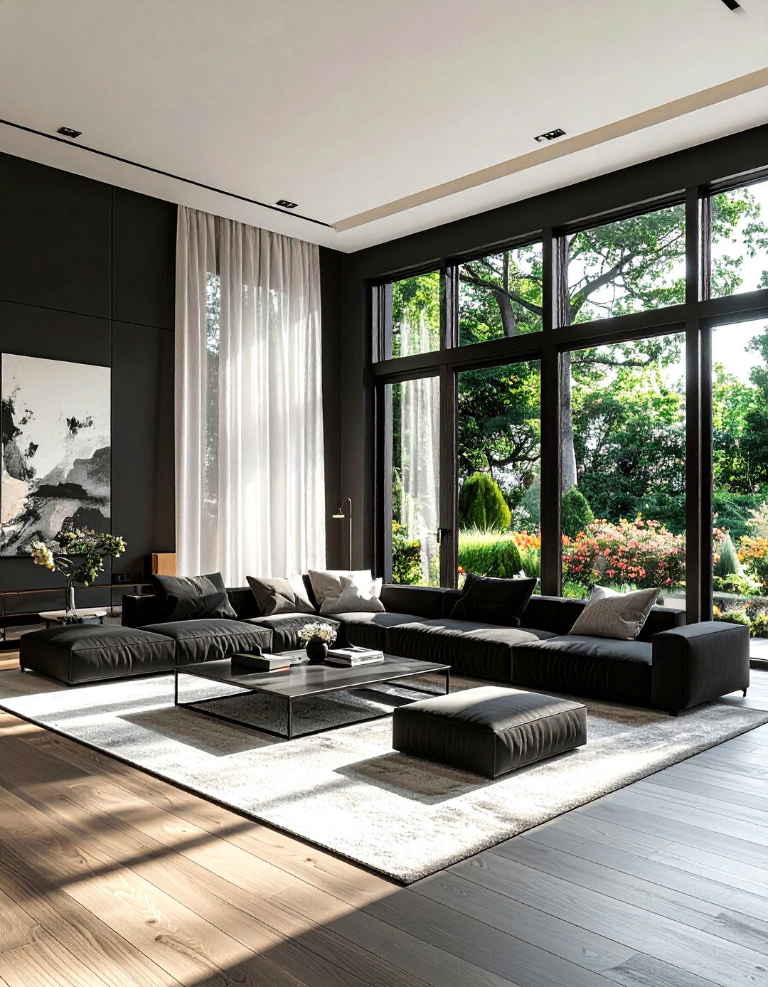 Charcoal living room floor to ceiling windows - 30 dark charcoal living room ideas